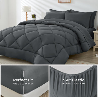 HEVUMYI 7 Pieces Queen Comforter Set, All Season Reversible Bed in a Bag Queen, Ultra Soft Queen Bedding Set with Grey Comforter, Flat Sheet, Fitted Sheet, Pillowcases, Pillow Shams, Dark Grey