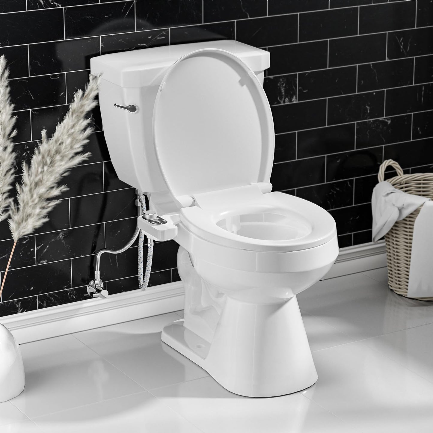 SAMODRA Non-Electric Bidet - Self Cleaning Dual Nozzle (Frontal and Rear Wash) Fresh Water Bidet Toilet Seat Attachment with Independent Adjustable Water Pressure (Classic Black/Silver)