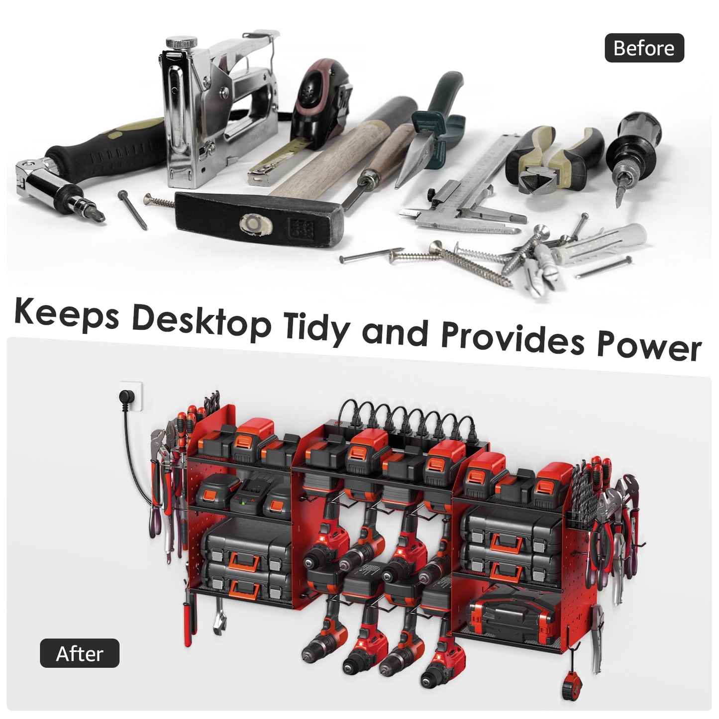 CCCEI Red Large Tools Organizer Wall Mount Charging Station, 39 Inch Long Power Tool Battery Storage Rack with 6FT Power Strip. 8 Drill Holder, Garage Utility Shelves. Pegboard Hanging Extension.