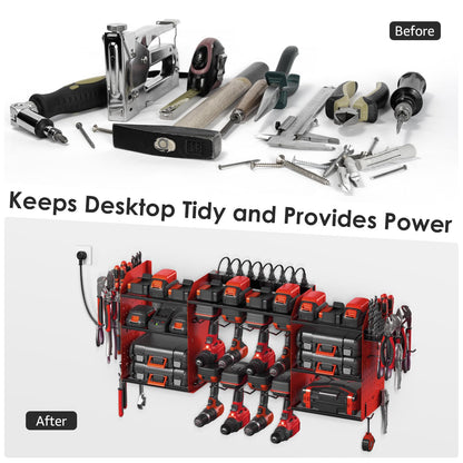 CCCEI Red Large Tools Organizer Wall Mount Charging Station, 39 Inch Long Power Tool Battery Storage Rack with 6FT Power Strip. 8 Drill Holder, Garage Utility Shelves. Pegboard Hanging Extension.