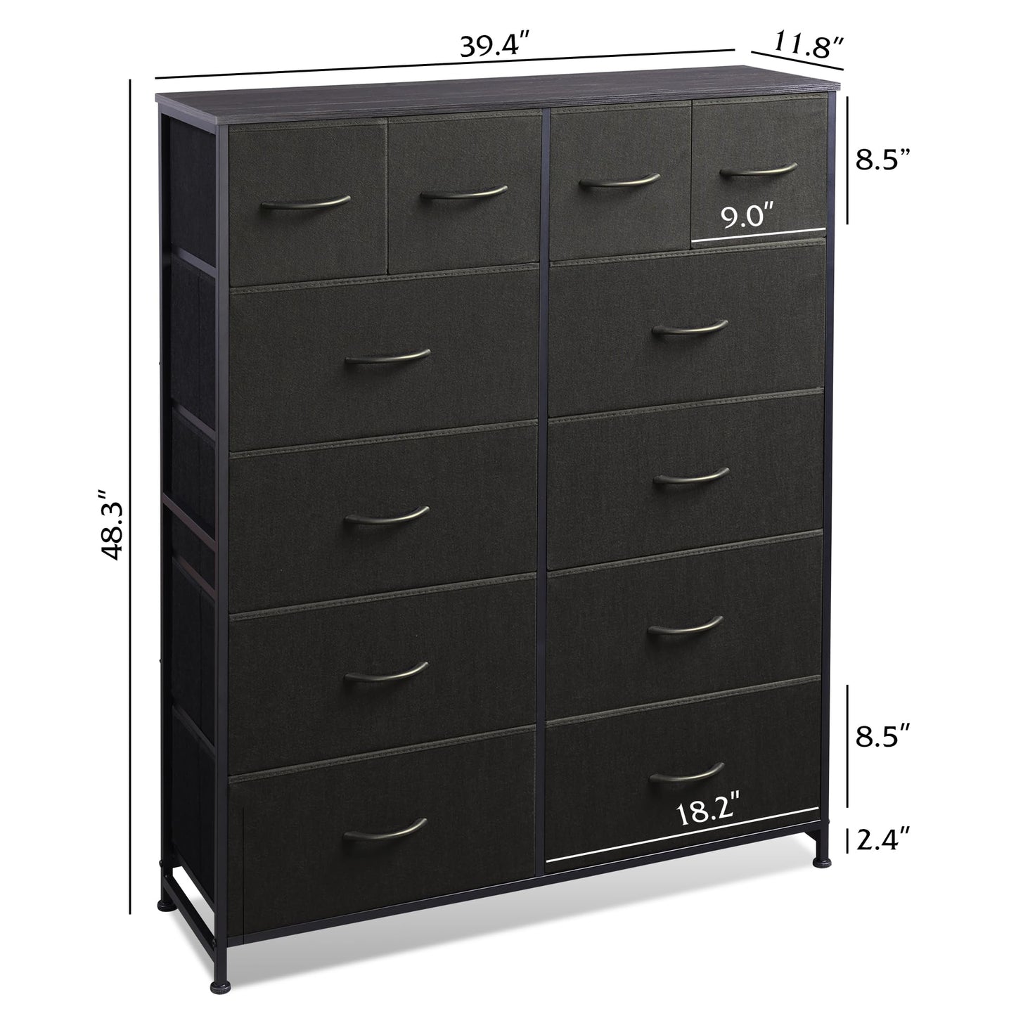 WLIVE Storage Organizer Unit with 12 Fabric Bins, Storage Drawers Organizer with Steel Frame, Tall Storage Tower Organizaton for Living Room, Hallway, Office, Charcoal Black