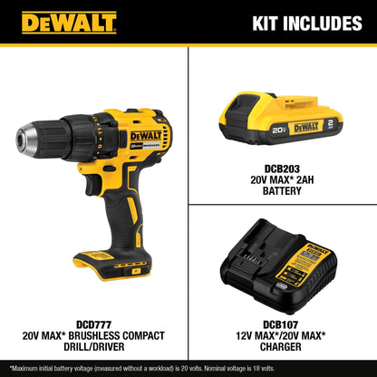 DEWALT 20V MAX Cordless Drill Driver Set, Electric Drill, Brushless 1/2 In 2 Speed, 2.0 Ah Battery, Charger and Bag Included, LED Light (DCD777D1)