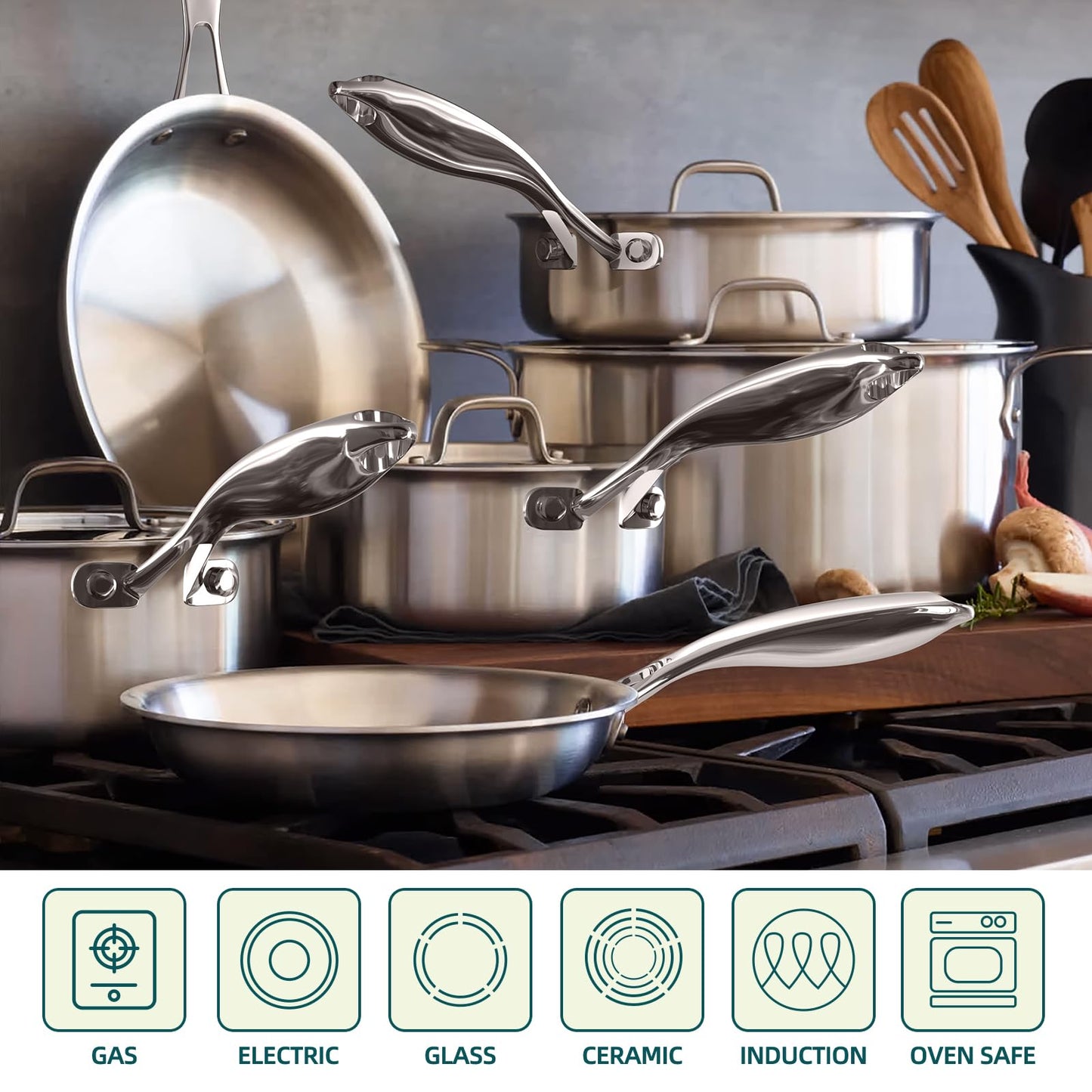 Umite Chef Stainless Steel Cookware Set, 5 Ply 14 Piece Stainless Steel Pot and Pan Set-Induction, Heavy Chef Quality, Oven Safe | Professional Kitchen Cooking Appliances, PFOA, PTFE & PFOS Free