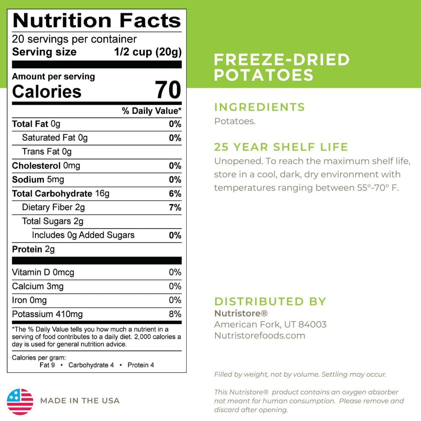 Nutristore Freeze-Dried Vegetables | Emergency Food Storage | 25-Year Shelf Life | Prepping Pantry Staple | Broccoli, Corn, Peas & More | Bulk Long-Term Survival Supply (1-Pack, Potatoes)