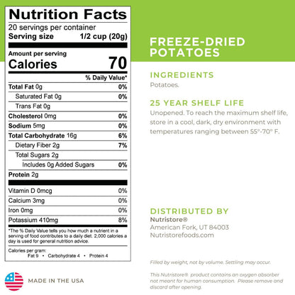 Nutristore Freeze-Dried Vegetables | Emergency Food Storage | 25-Year Shelf Life | Prepping Pantry Staple | Broccoli, Corn, Peas & More | Bulk Long-Term Survival Supply (1-Pack, Potatoes)