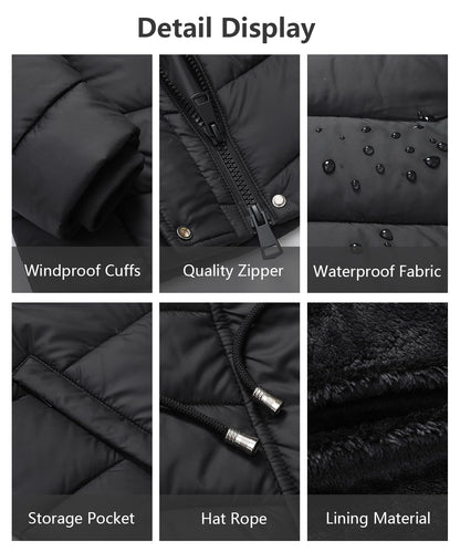 Women's Long Winter Puffer Coat Warm Thicken Fleece Lined Down Jacket Waterproof Detachable Hooded Parka
