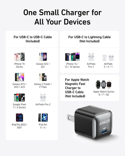 Anker USB C Charger Block 20W, 511 Charger (Nano Pro), PIQ 3.0 Compact Fast Charger for iPhone 16/16 Plus/16 Pro/16 Pro Max, 15 Series, Galaxy, Pixel 4/3, iPad (2 Pack & 2 Cable)