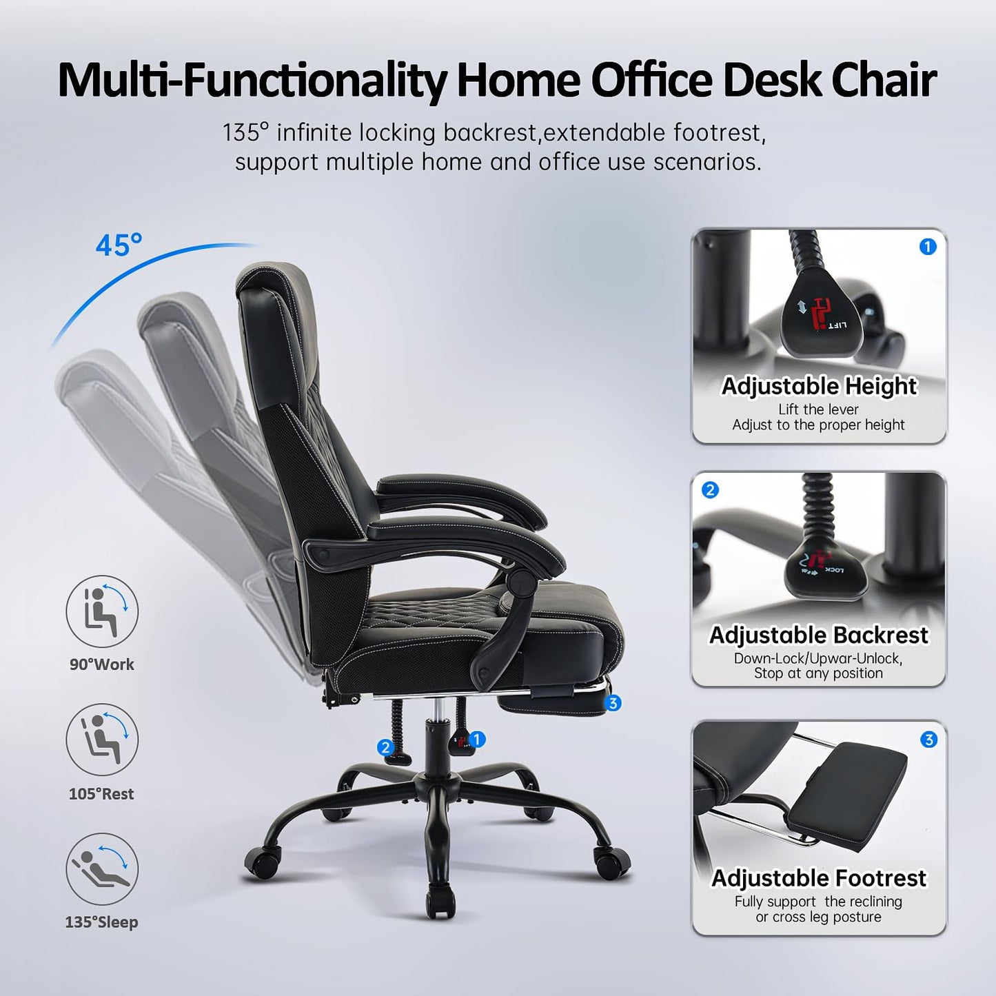 amseatec Office Chair, Big and Tall Office Chair with Foot Rest Ergonomic Chair for Home Desk, Reclining High Back Leather Chairs with Lumbar Support(Black)