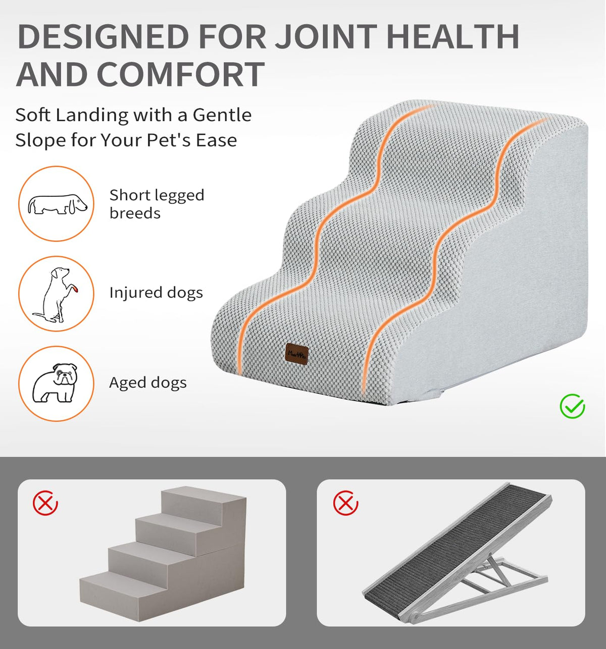 Made4Pets Dog Stairs Ramp for Small Dogs 15.7" H, 3-Step Dog Steps for Bed Couch Sofa and Chair, 35D Foam Pet Steps for Small Dogs and Cats, Non-Slip Bottom Pet Stairs, Light Grey