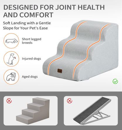 Made4Pets Dog Stairs Ramp for Small Dogs 15.7" H, 3-Step Dog Steps for Bed Couch Sofa and Chair, 35D Foam Pet Steps for Small Dogs and Cats, Non-Slip Bottom Pet Stairs, Light Grey