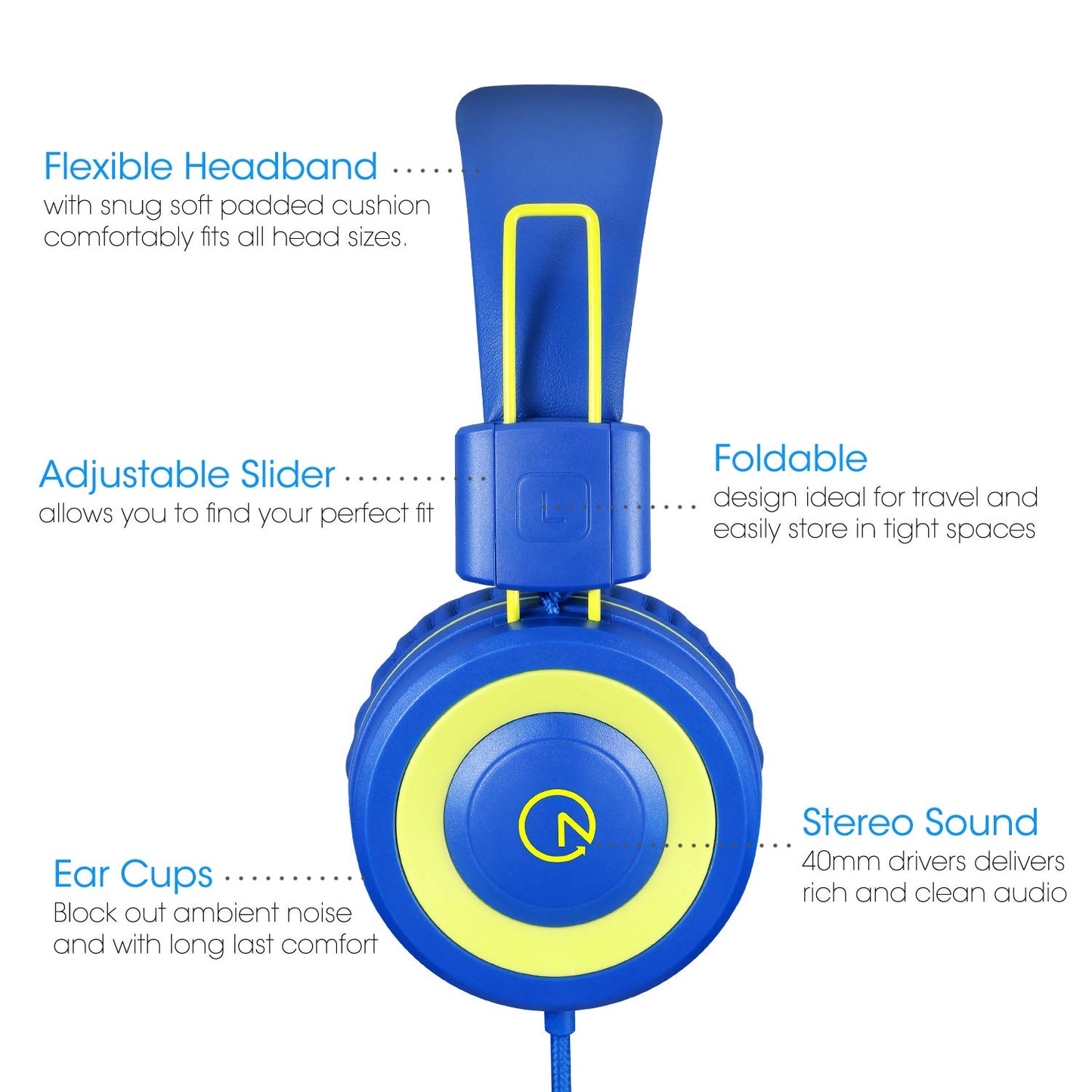 noot products Kids Headphones with Microphone K12 Stereo 5ft Long Cord with 85dB/94dB Volume Limit Wired On-Ear Headset for iPad/Amazon Kindle,Fire/Toddler/Boys/Girls/School(Blue/Lime)