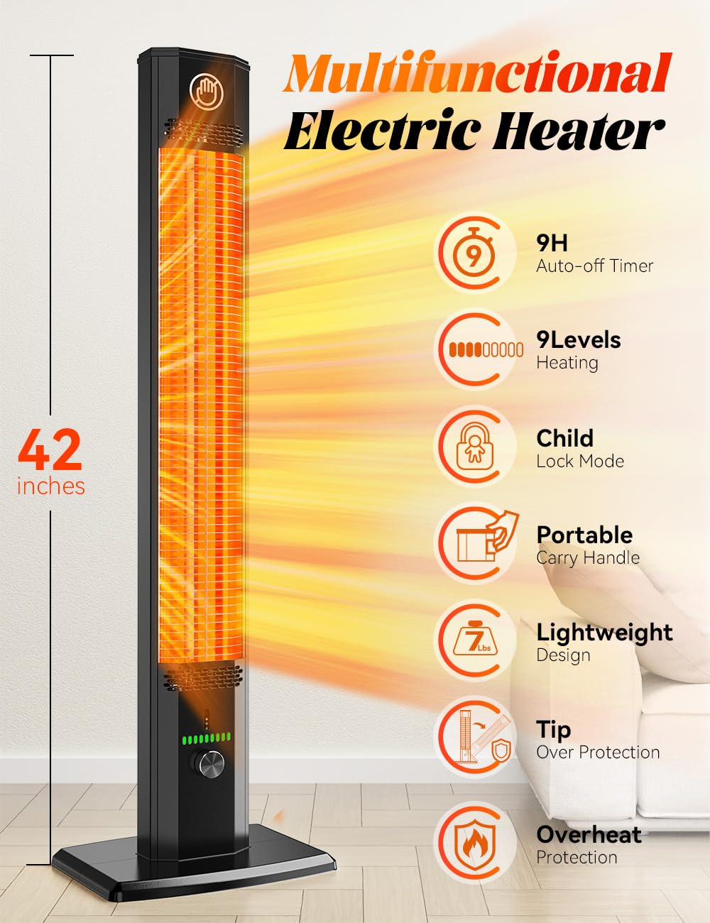HETRAROOT 42INCH Outdoor Heater, 9Heat Levels & 540Min Timer, Child Safety Lock, IP65 Waterproof Garage Heater, 1500W Infrared Heating,Tip-Over&Overheat Protection,Patio Heaters for Outdoor Use Indoor