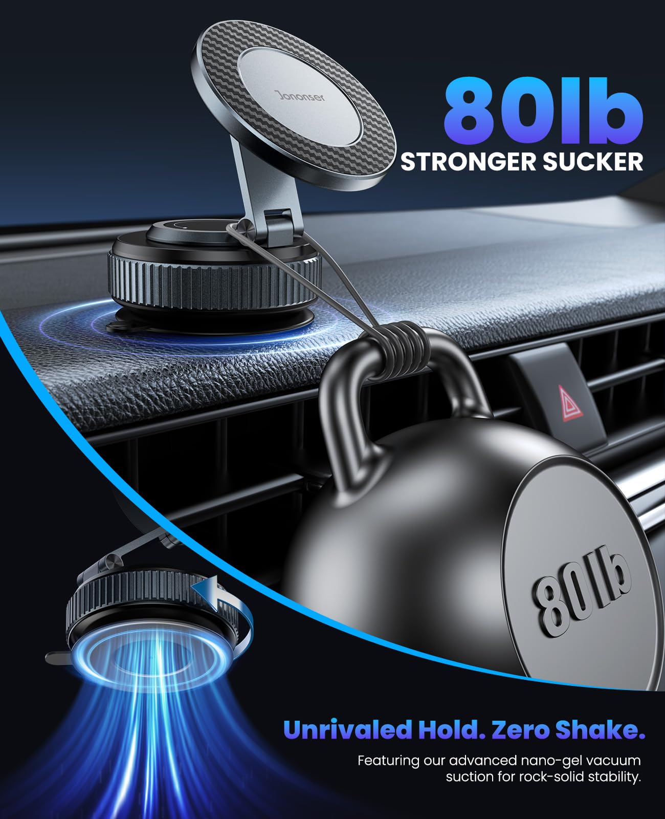 Jononser Car Phone Holder, 360°Adjustable Magnetic Phone Holder for Car, Foldable Suction Cup Phone Mount, Phone Holders for Your Car for iPhone16/15/14/13/12 Series (Carbon Fiber)