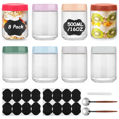 Lulonpon 8 Pieces 16 oz Overnight Oats Containers with Lids, Glass Storage Containers with Airtight Lids, Glass Overnight Oat Jars, Wide Mouth Snack Oats Jars, Jar for Salad Yogurt Spice