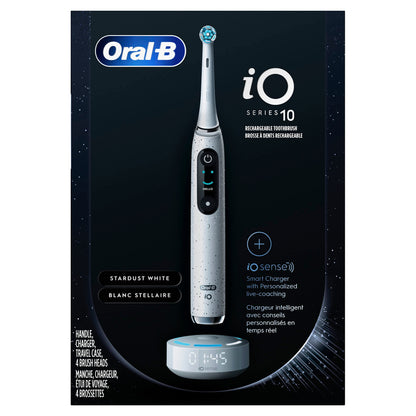 Oral-B iO Series 10 Rechargeable Electric Toothbrush with Visible Pressure Sensor to Protect Gums, 2 Min Timer, 7 Cleaning Settings, 4 Replacement Toothbrush Heads, and Charging Travel Case, White
