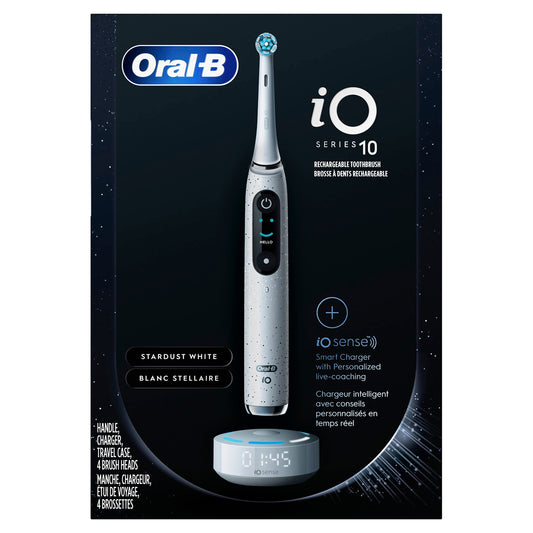 Oral-B iO Series 10 Rechargeable Electric Toothbrush with Visible Pressure Sensor to Protect Gums, 2 Min Timer, 7 Cleaning Settings, 4 Replacement Toothbrush Heads, and Charging Travel Case, White