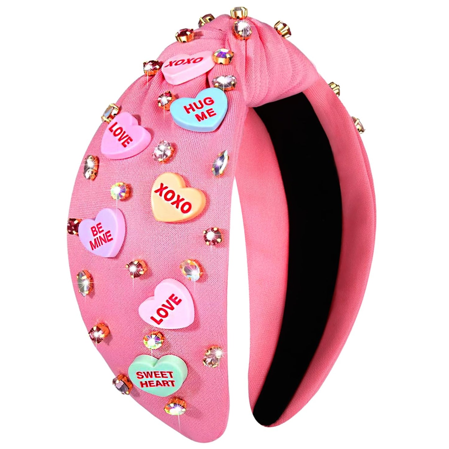 NVENF Valentine’s Day Headband for Women Love Heart Headband Jeweled Crystal Rhinestone Knotted Hairband Red Pink Wide Top Knot Hairband Valentine’s Day Hair Accessories Gifts (Letter 1 - Pink)