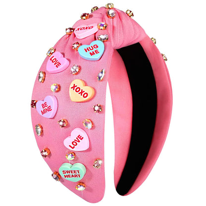 NVENF Valentine’s Day Headband for Women Love Heart Headband Jeweled Crystal Rhinestone Knotted Hairband Red Pink Wide Top Knot Hairband Valentine’s Day Hair Accessories Gifts (Letter 1 - Pink)