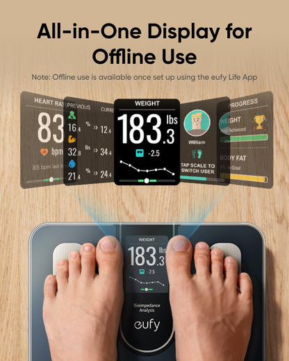 eufy Smart Scale C20, Digital Bathroom Body Fat Scale with Large TFT Screen, All-in-One Display for Offline Use, Bluetooth Scale for Body Weight with 16 Metrics, BMI, Multi-Modes, High Accuracy