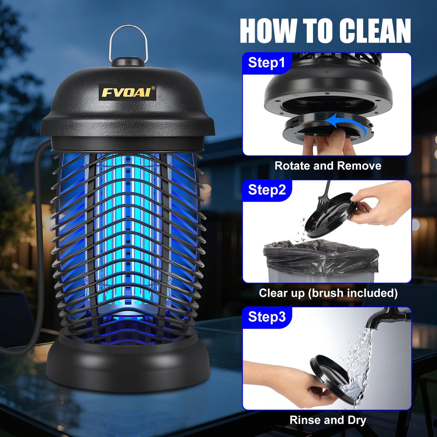 FVOAI Bug Zapper Outdoor, Mosquito Zapper, Fly Zapper, Insect Zapper Electric Fly Traps for 1/2 Acre, Indoor Outdoor Use with 3 Prong Plug-in,4200V, ABS Plastic Outer, Black
