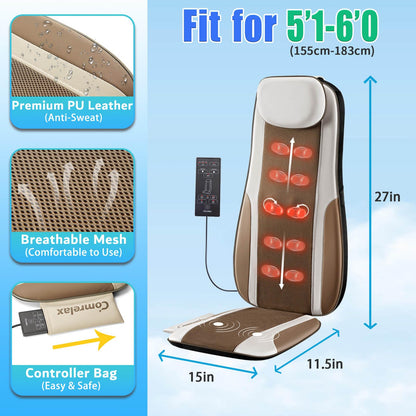 comrelax Shiatsu Back Massager with Heat, Massage Chair Pad Seat Cushion for Stress Relief, Deep Tissue Kneading & Roller, 2 Vibration Motors, Back Waist Hip Massager, PU Leather, with 2 Adapters