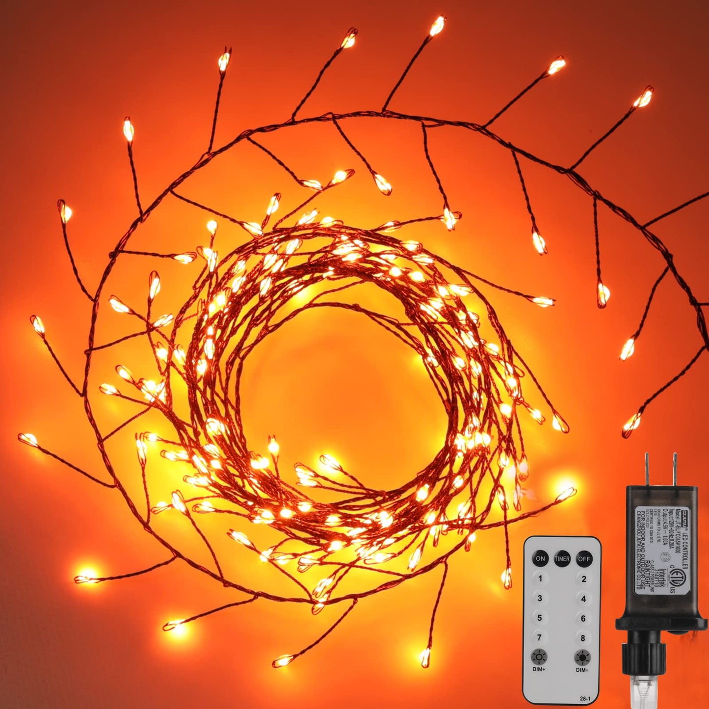 Halloween Fairy Lights Plug in, 10Feet 200 LEDs Firecracker String Lights with Remote, Cluster String Lights for Ceiling Bedroom Wreath Garland Window Bar Haunted Theme Halloween Decoration, Orange