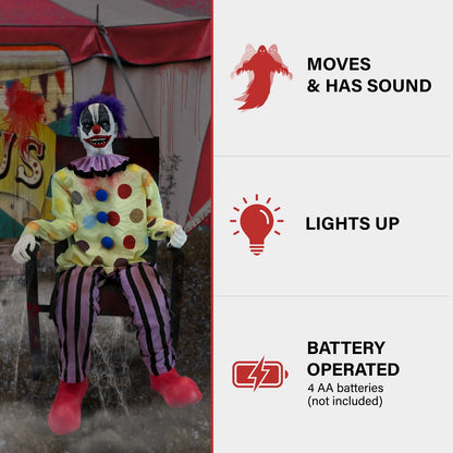 Haunted Hill Farm Motion-Activated Thrashing Clown with a Meat Cleaver by Tekky, Sitting Halloween Animatronic for Indoor or Covered Outdoor Creepy Halloween Decorations, Plug-in or Battery Operated
