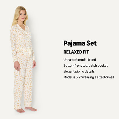 Amazon Essentials x Sofia Grainge Women's Stretch Modal Long-Sleeve and Full-Length Bottom Pajama Set, Ivory Squirrel Picnic, Large