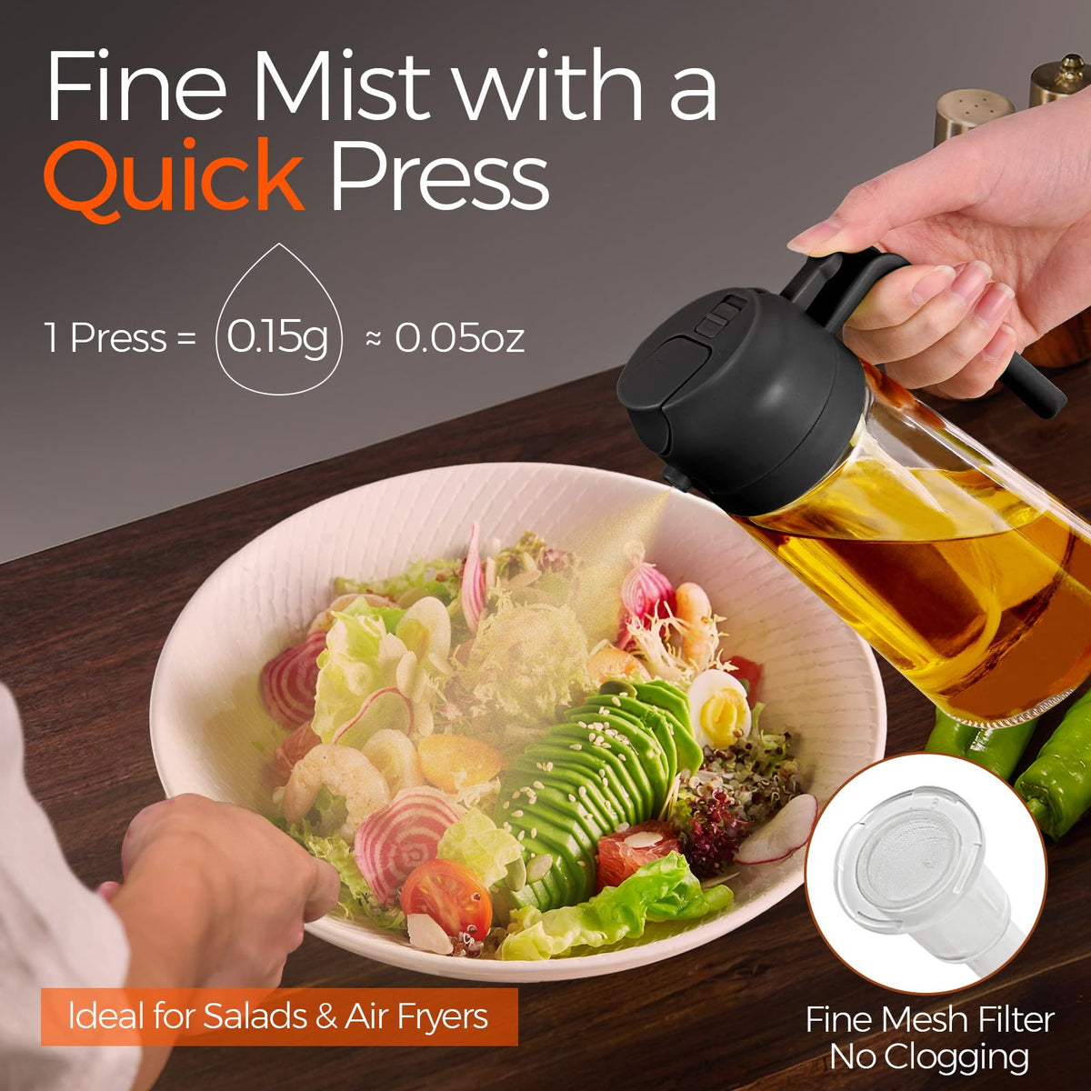 YARRAMATE Oil Sprayer for Cooking, 2 in 1 Olive Oil Dispenser Bottle for Kitchen, 16oz/470ml Premium Glass Oil Bottle, Food-grade Oil Mister for Air Fryer, Salad, Frying, BBQ (Black)