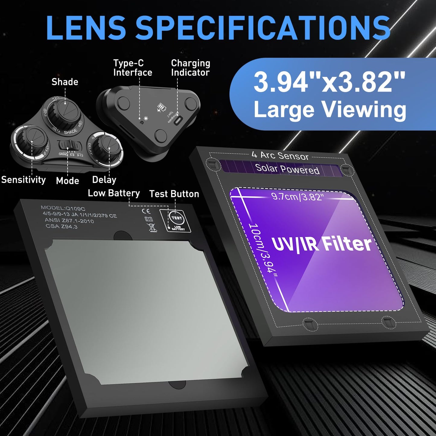 3.94”×3.82” Large Viewing Welding Helmet, True Color Auto Darkening Welding Helmet, Solar/Rechargeable Battery Power Welding Hood With 4 Arc Sensor, Wide Shade 4/5-9/9-13 Welding Mask For TIG MIG ARC