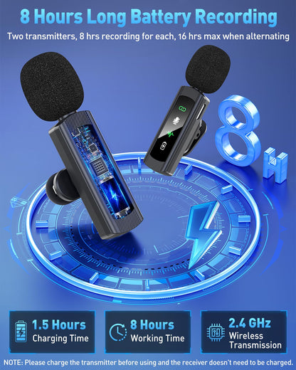 QUZAZBU USB C Wireless Lavalier Microphone for iPhone 15 16, Mini LED Display Microphone for Android with Noise Reduction, Lapel Magnetic Clip-on Mic for Recording Content Creator Vlog Tiktok YouTube