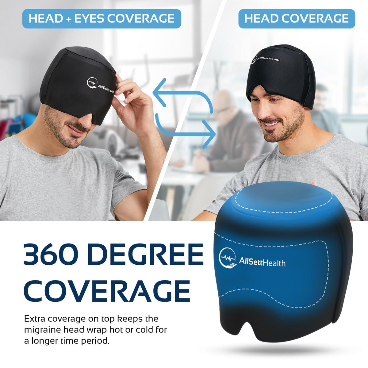 Migraine Relief Cap Ice Head Wrap and Hat | Hot/Cold Gel Pack With Face and Eye Mask Compress for Headache Relief - Black - FSA HSA Eligible