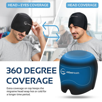Migraine Relief Cap Ice Head Wrap and Hat | Hot/Cold Gel Pack With Face and Eye Mask Compress for Headache Relief - Black - FSA HSA Eligible
