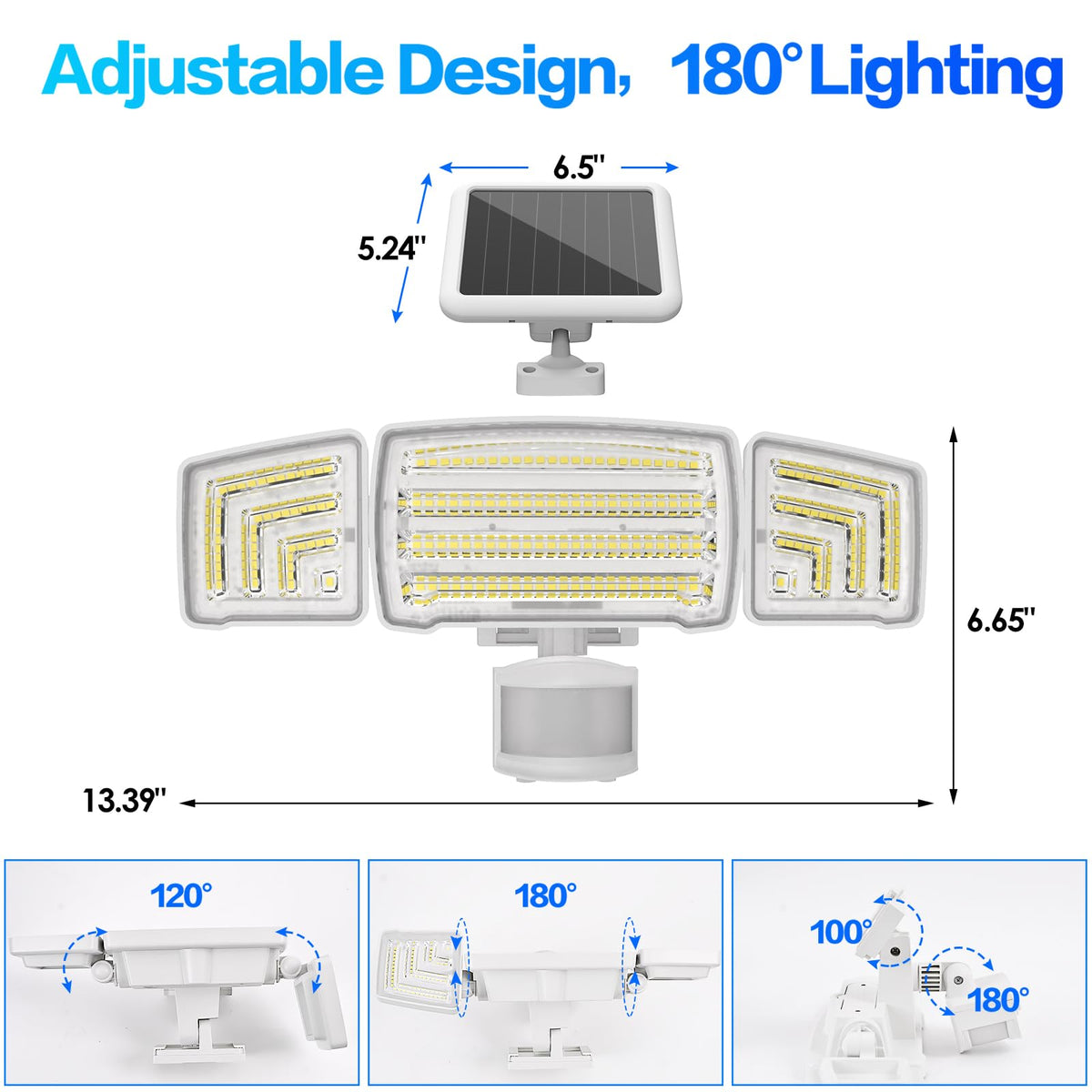 Energetic Solar Outdoor Lights, 1800LM 150 LED Security Motion Sensor Outdoor Lights with Remote Control, IP65 Waterproof Floodlight, 3 Head Motion Detected Spotlight for Garage, Pack of 2 (White)