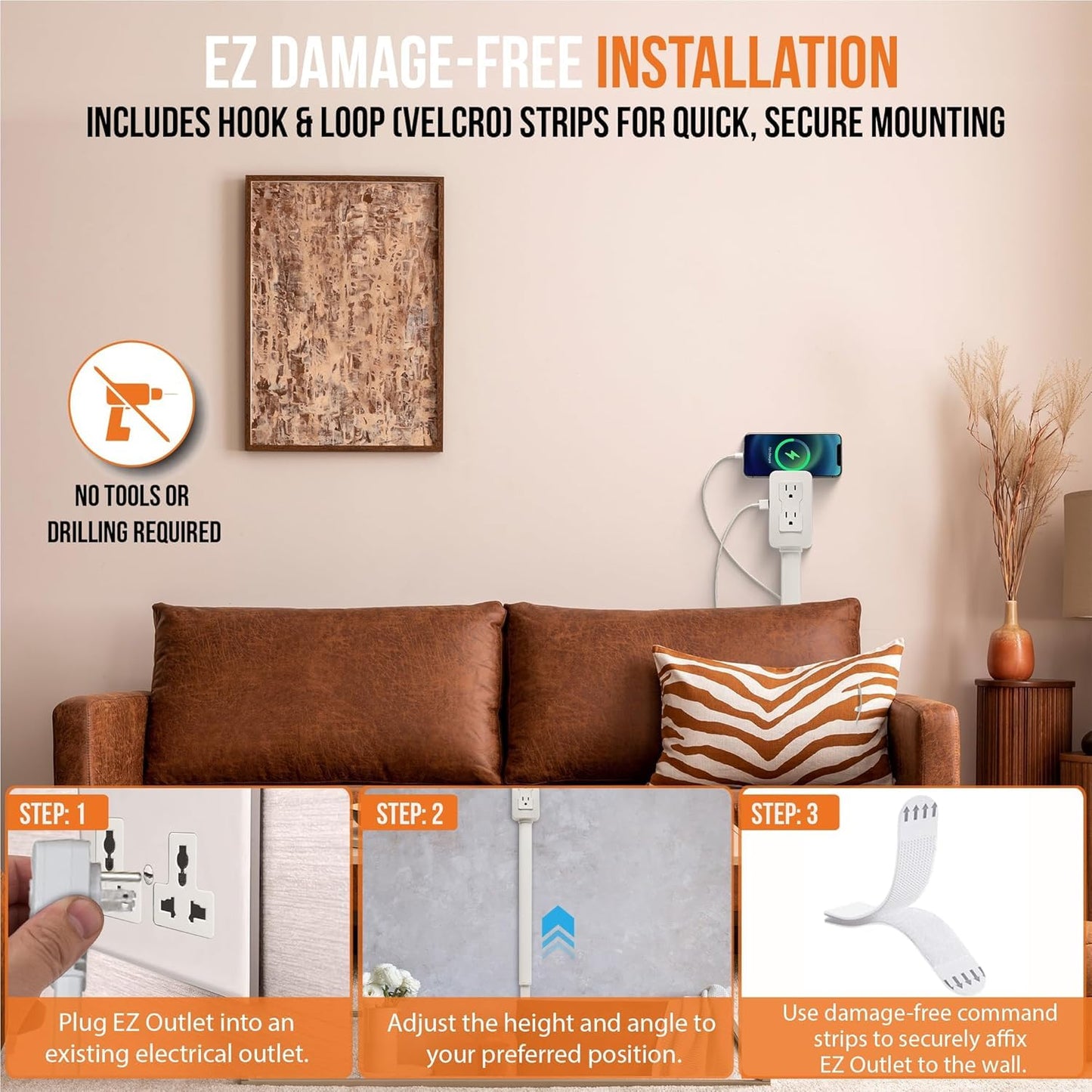 EZ Outlet Electrical Outlet Extender. Access Hard-to-Reach Outlets! Features USB-A, USB-C, and 2 AC Outlets, Extends 22"-34", Rotates 180°. Use Behind Couches, Nightstands, Desks, and More.