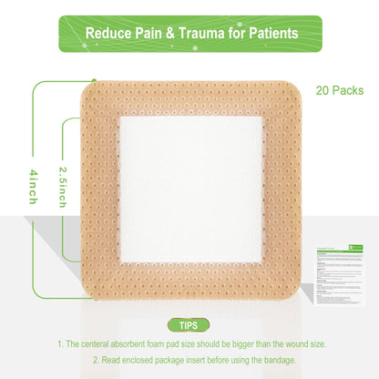 NeuHeils Silicone Foam Dressing with Gentle Border 4''x4'', 20 Pack for Bed Sore Leg Ulcer, High Absorbency Large Waterproof Silicone Wound Bandage