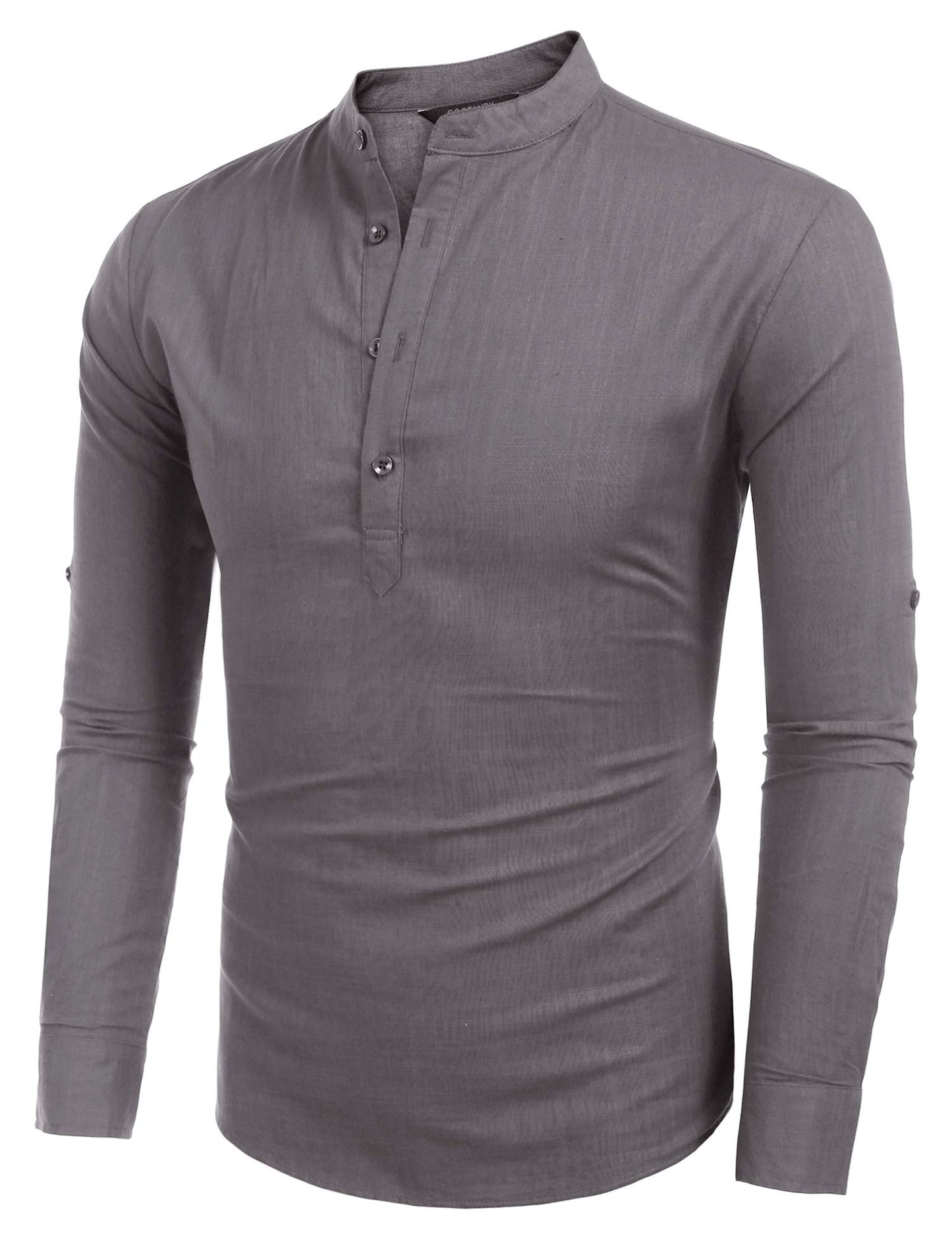 COOFANDY Men's Cotton Linen Henley T-Shirts Long Sleeve Hippie Casual Beach T-Shirts Dark Gray