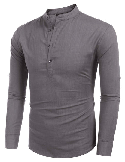 COOFANDY Men's Cotton Linen Henley T-Shirts Long Sleeve Hippie Casual Beach T-Shirts Dark Gray