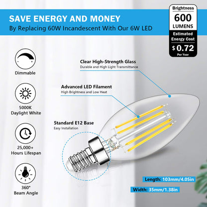 12-Pack Dimmable E12 LED Candelabra Bulbs 60W Equivalent, 5000K Daylight White, 600 Lumens B11 Candle Base 6W C35 LED Filament Vintage Light Bulbs, Clear Glass for Chandelier Ceiling Fan High CRI 90+