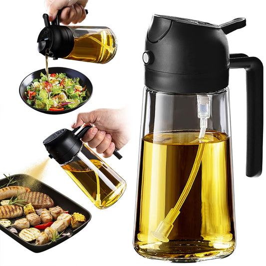TrendPlain 16oz/470ml Glass Olive Oil Sprayer for Cooking - 2 in 1 Olive Oil Dispenser for Kitchen Gadgets, Air Fryer, Salad, and BBQ - Black