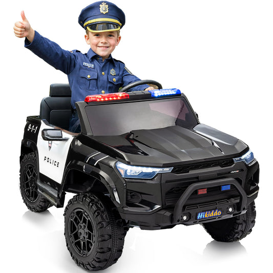 Hikiddo Electric Police Car for Kids 2 Seater, 24V 10AH Ride on Toy for Big Kids with Remote Control, 4x200W Motors, 5mph Max Speed - Black