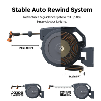 Giraffe Tools AW30 1/2MB Retractable Garden Hose Reel 1/2" x 100 ft PRO Metal Bracket, Heavy Duty, Any Length Lock Hose Reel, 100 ft, Dark Grey