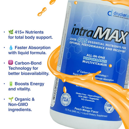 Drucker Labs - intraMAX Organic Liquid Multivitamin, Non GMO, Dairy Free, Gluten Free, Magnesium, Vitamin D, C and E, Zinc (32 oz., Peach Mango)
