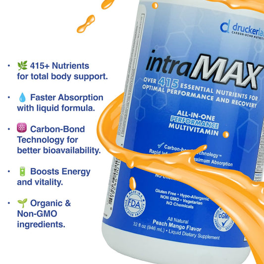 Drucker Labs - intraMAX Organic Liquid Multivitamin, Non GMO, Dairy Free, Gluten Free, Magnesium, Vitamin D, C and E, Zinc (32 oz., Peach Mango)