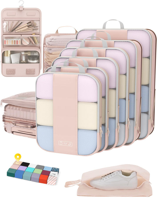 10 Set Compression Packing Cubes for Travel Women Mom,OlarHike Luggage Clothes Storage Gifts for Travelers,Airplane/Cruise/Car/Train Travel Essentials,Compressible Expandable Saver Space Bags(Beige)