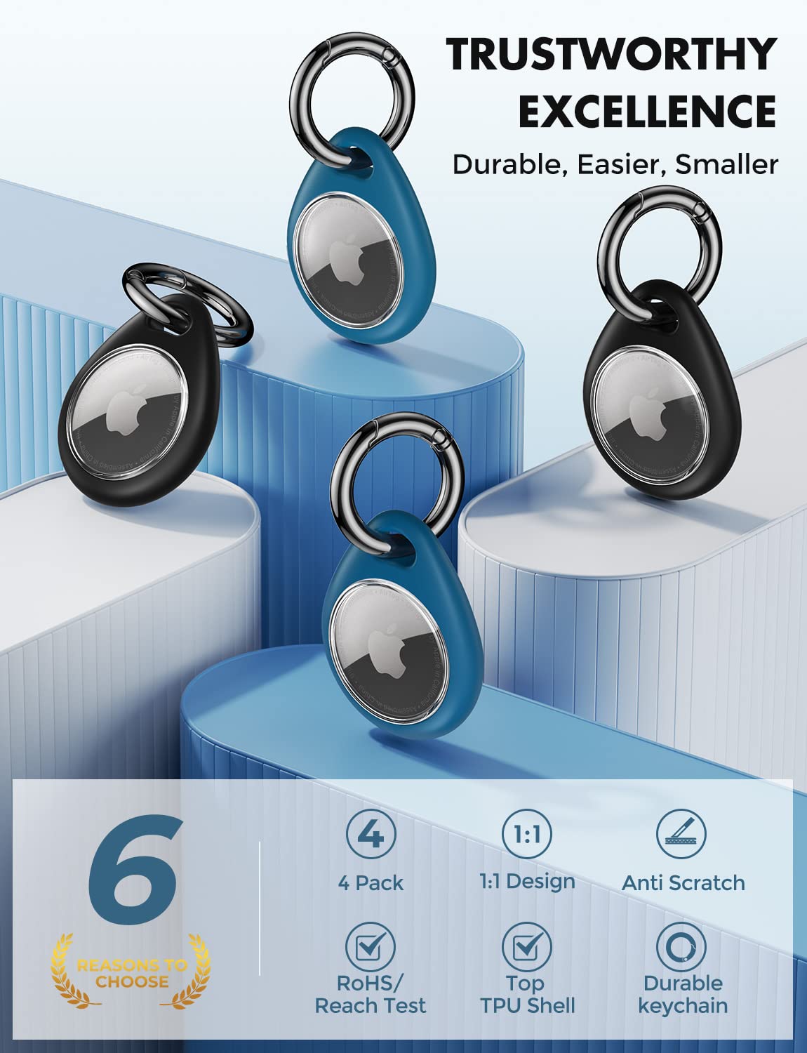 UNBREAKcable AirTag Holder for Apple - 4 Pack Air Tag Case [Fit Tightly Design] [Easy to Install] [Hold Air Tag Securely] Waterproof TPU Shell Protective Cover with All Metal Keychain Key Ring Clip