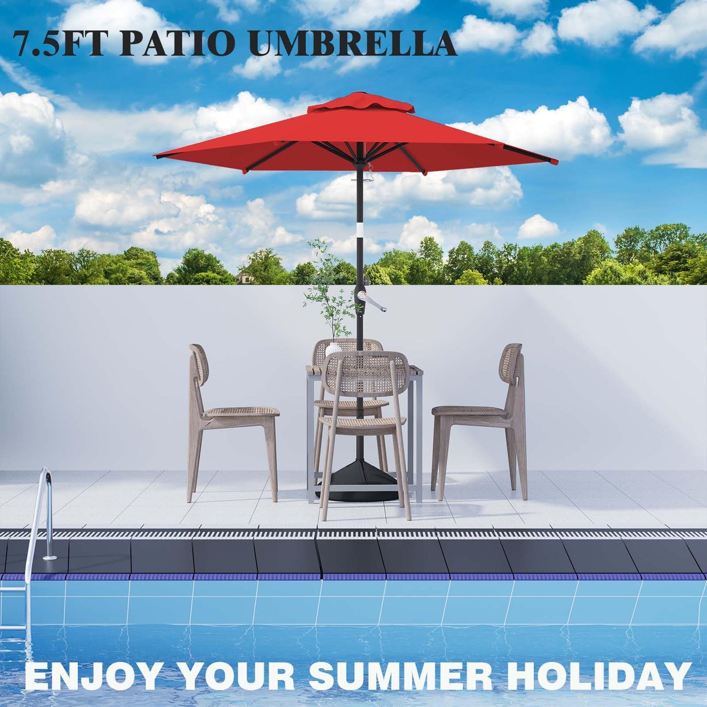 AreShark 7.5FT Patio Umbrella Table Market Umbrella w/Tilt and Crank Heavy-Duty Round Outdoor Umbrellas for Garden, Deck, Backyard, Pool and Beach, Red