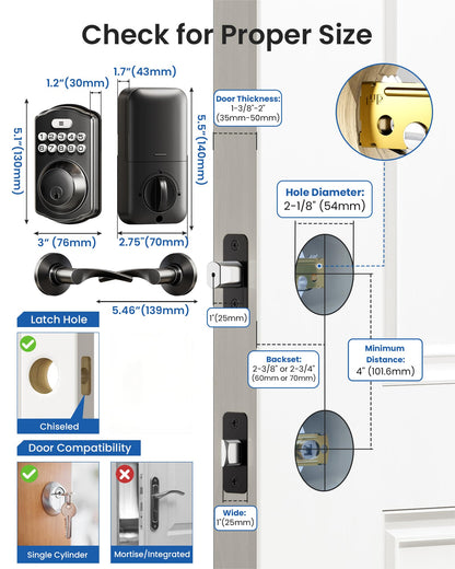 Veise Keyless Entry Door Lock with 2 Lever Handles - Electronic Keypad Deadbolt, Easy Installation Digital Smart Front Door Lock Set, Matte Black