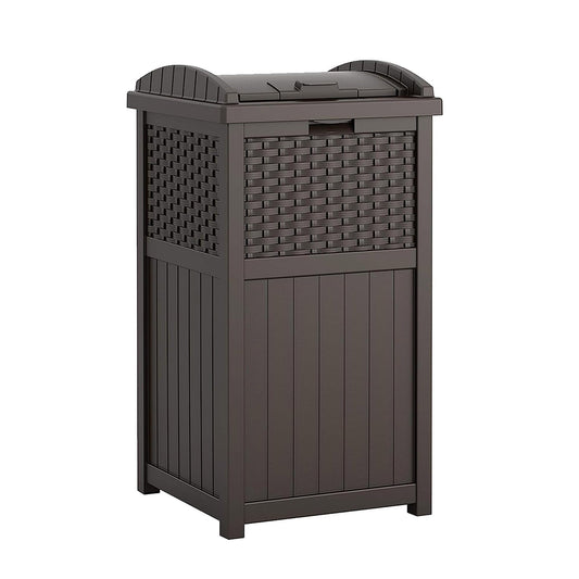 Suncast 33 Gallon Outdoor Trashcan Hideaway with Lid for 30 to 33 Gallon Trash Bags for Garage, Backyard, or Garden, Brown, Made in the USA
