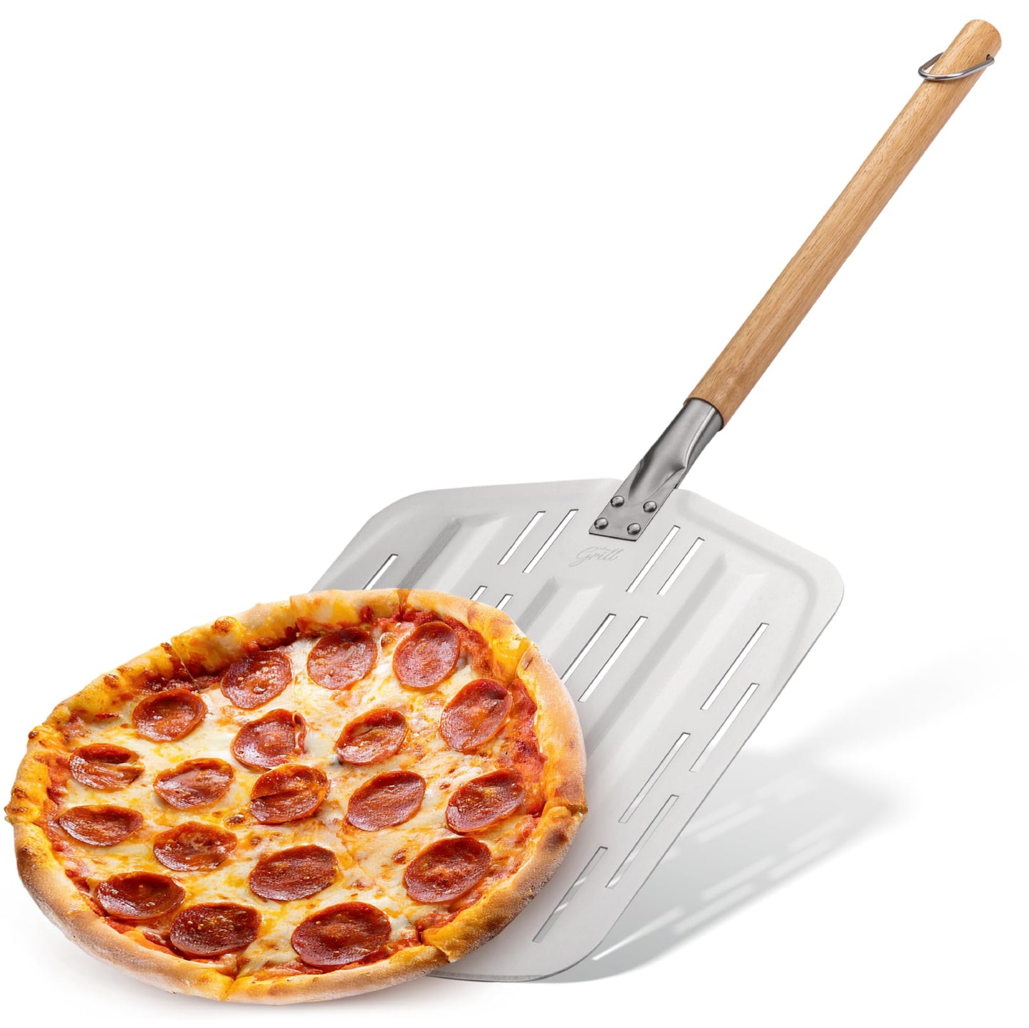 Hans Grill Pizza Peel PRO | Made for XL Pizza 12 inch + | Professional Restaurant Grade Perforated Metal Non-Stick Paddle for launching, turning and retrieving pizzas